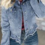 Beau Blue Ruffle Raw Hem Flap Pockets Denim Jacket