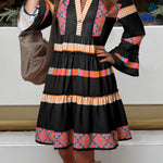 Black Ethnic Print Buttoned V Neck Bell Sleeve Ruffle Patchwork Dress