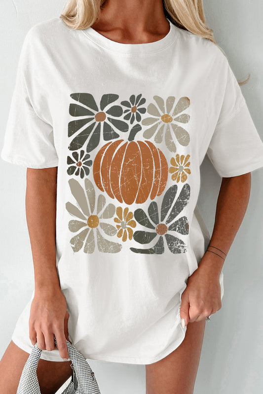 White Thanksgiving Pumpkin Print Loose Crewneck Tunic T Shirt