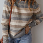 Gray Stripe Color Block Ribbed Edge Round Neck Sweater