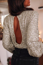 Silvery Sequin Puff Sleeve Cutout Back Blouse