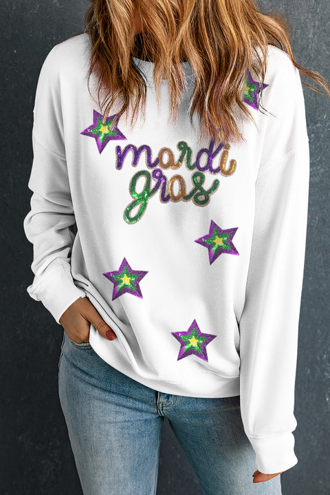 White Sequined Mardi Gras Star Pattern Drop Shoulder Sweatshirt