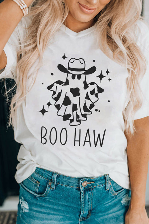 White Halloween BOO HAW Graphic Crew Neck Tee