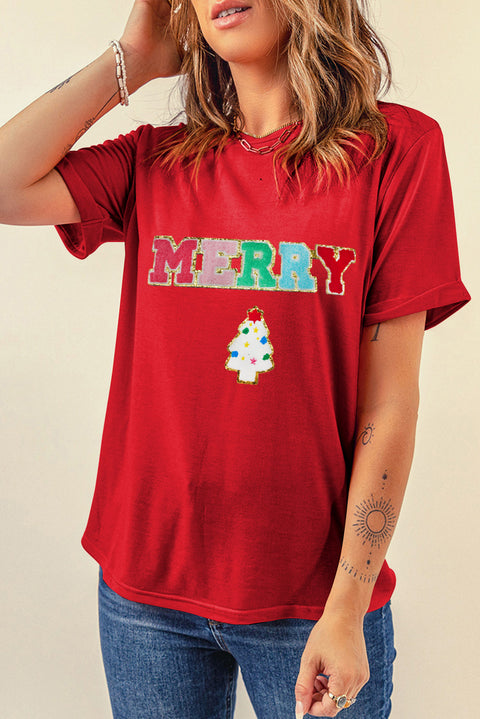 Red Chenille MERRY Christmas Tree Graphic Tee