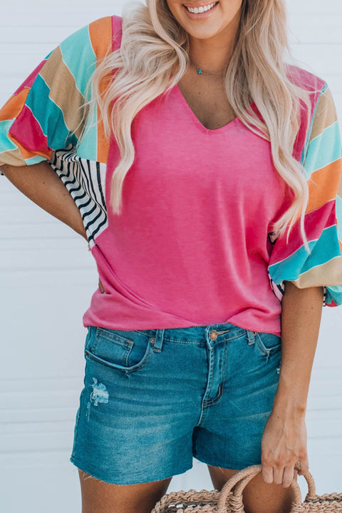 Stripe Color Block Bubble Sleeve Top