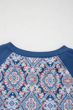 Blue Geometric Printed Lace Patchwork Ric Rac Raglan Long Sleeve Top