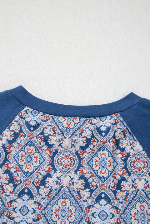 Blue Geometric Printed Lace Patchwork Ric Rac Raglan Long Sleeve Top