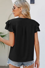 Black V Neck Ruffle Short Sleeve Blouse