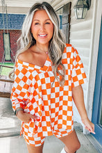 Orange Checkerboard Print V Neck Loose Tee and Shorts Lounge Set