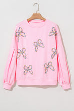 Light Pink Embroidered Bow Lantern Sleeve Oversized Pullover Sweatshirt