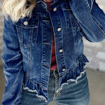 Navy Blue Ruffle Raw Hem Flap Pockets Denim Jacket