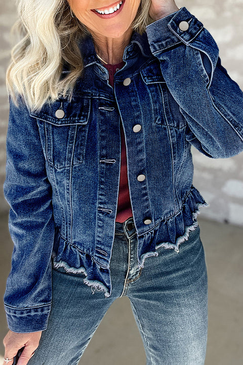 Navy Blue Ruffle Raw Hem Flap Pockets Denim Jacket