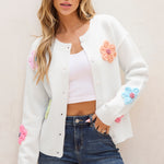 White Cute Knitted Floral Pattern Button Up Cardigan