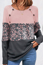 Pink Cheetah Textured Patchwork Buttoned Round Neck T Shirt