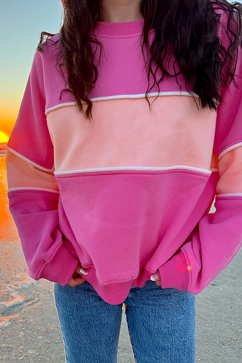 Sachet Pink Colorblock Patchwork Drop Shoulder Ribbed Trim Sweatshirt