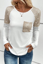 White Sequin Patch Chest Pocket Raglan Sleeve Top