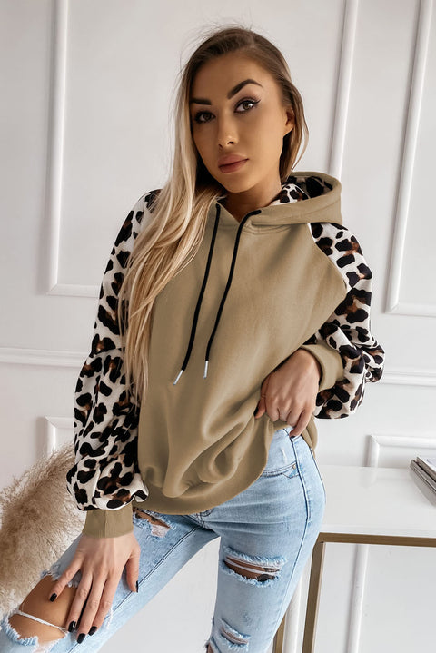 Khaki Leopard Bishop Sleeve Hooded Sweatshirt