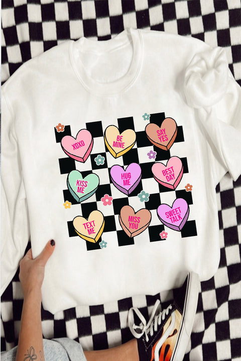 White Checkered Valentines Letter Heart Pattern Sweatshirt