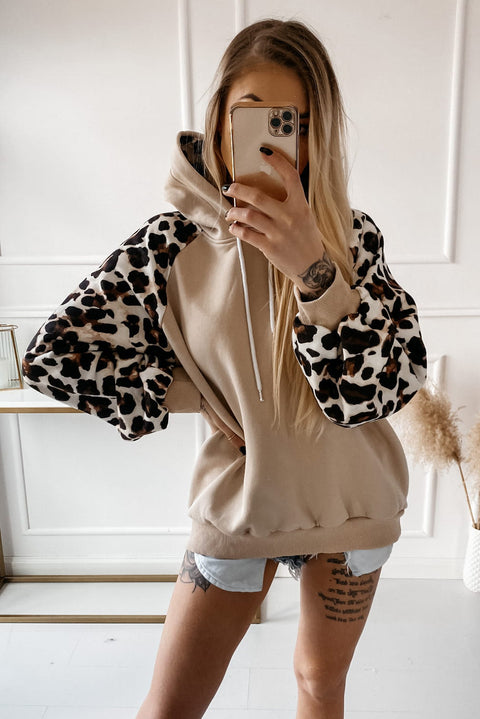 Khaki Leopard Bishop Sleeve Hooded Sweatshirt