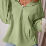 Smoke Green Fleece Lined Half Zipper Kangaroo Pockets Loose Hoodie