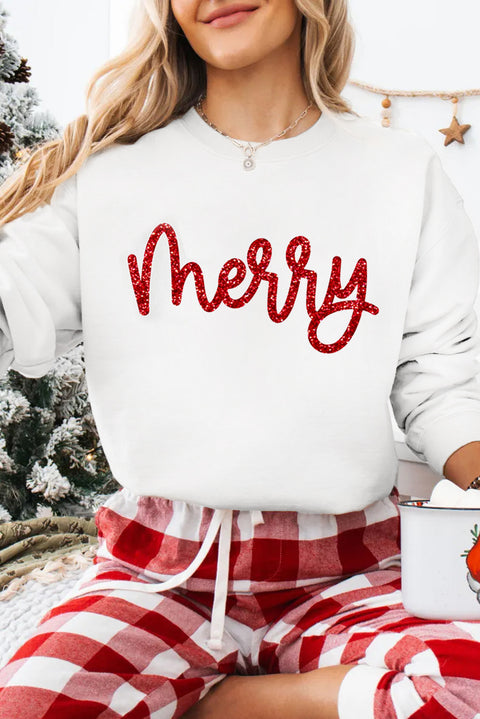 Beige Merry Graphic Christmas Crew Neck Sweatshirt