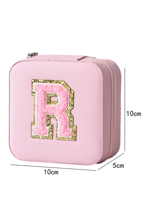 Pink R Chenille Patch Jewelry Box with Mirror