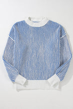 Dark Blue Striped Textured Knit Contrast Edge Loose Sweater