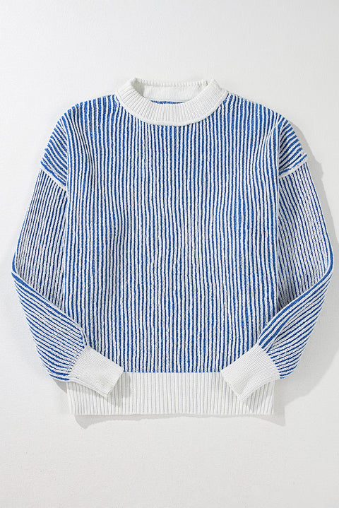 Dark Blue Striped Textured Knit Contrast Edge Loose Sweater