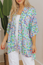 White Boho Floral Printed Rhinestone 3/4 Sleeve Open Front Kimono