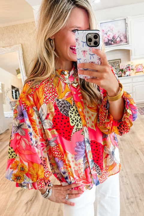 Red Abstract Floral Print Buttoned Ruffled Bubble Sleeve Shirt