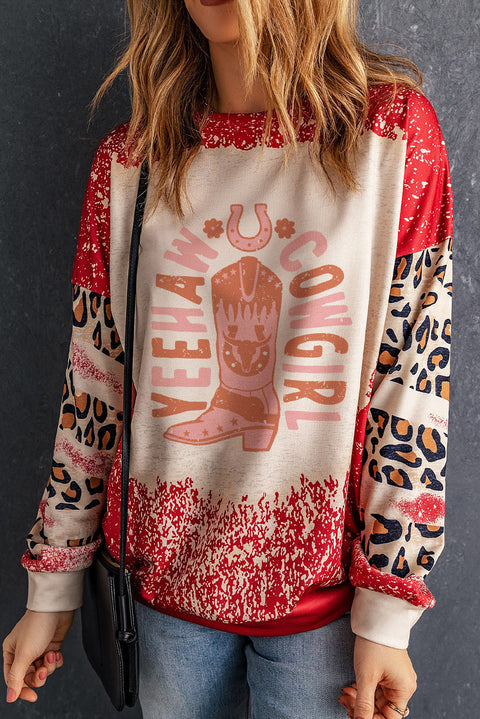 Red YEEHAW COWGIRL Graphic Bleached Scatter Leopard Sleeve Sweatshirt