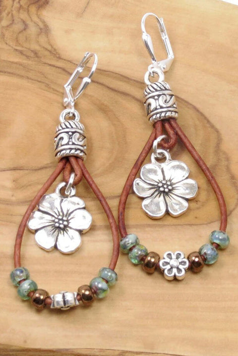 Silvery Western Leather Beaded Floral Dangle Earrings