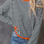 Contrast Trimmed Striped Drop Shoulder Sweater