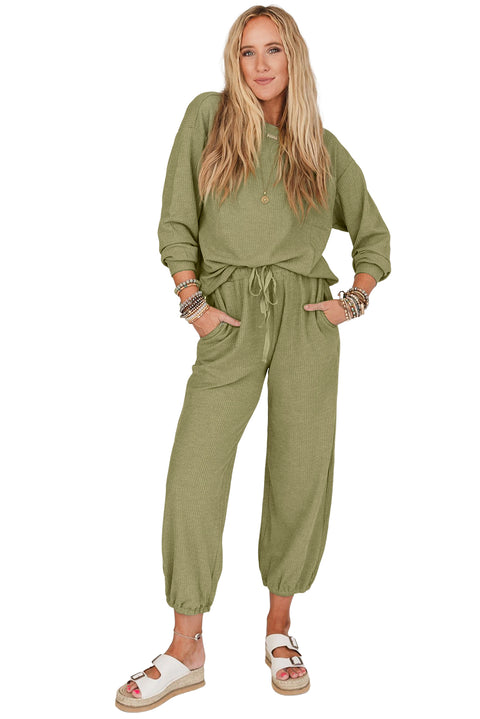 Laurel Green Waffle Knit Long Sleeve Top Drawstring Joggers Set