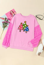 Pink Sequined Sleeve Christmas Tree Graphic Sweatshirt