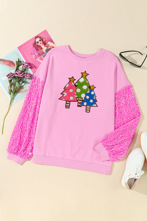 Pink Sequined Sleeve Christmas Tree Graphic Sweatshirt