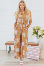 Khaki Floral Print Sleeveless Button up Wide Leg Loose Jumpsuit