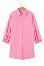 Bright Pink Balloon Sleeve Button Up Mini Shirt Dress