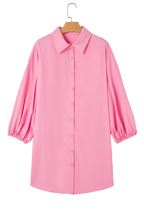 Bright Pink Balloon Sleeve Button Up Mini Shirt Dress