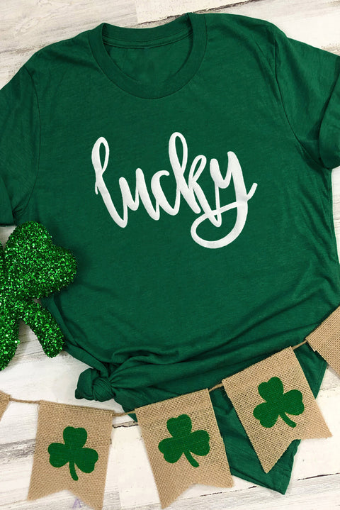 Green St. Patricks Lucky Puff Print Round Neck Casual Tee