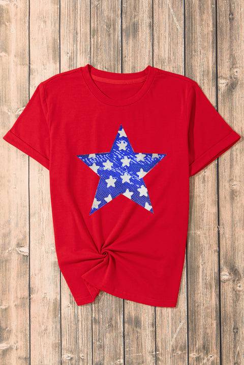 Red Sequin Star Graphic Crewneck T Shirt