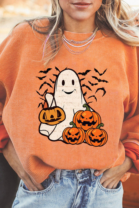 Orange Halloween Ghost Pumpkin Bat Print Corded Pullover Sweatshirt