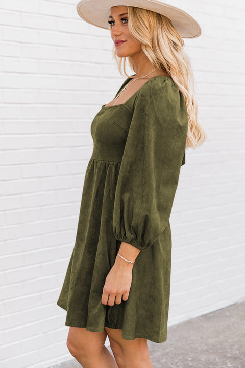 Brown Suede Square Neck Puff Sleeve Dress