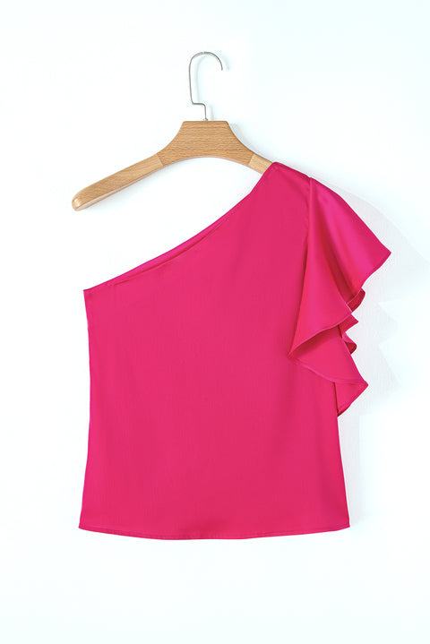 Strawberry Pink Asymmetric Shoulder Ruffle Sleeve Elegant Blouse