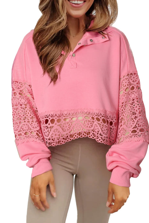 Sudadera corta con empalme de encaje ahuecado rosa