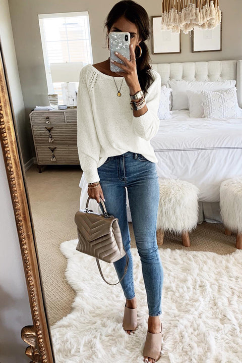 Brown Long Sleeve Cutout Shoulder Relaxed Sweater