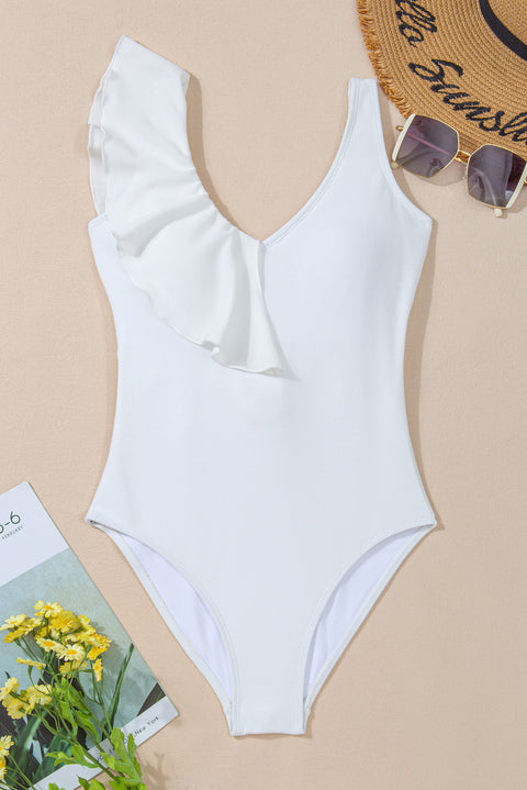 White Asymmetric Ruffle Trim Tie Waist One Piece Swimsuit