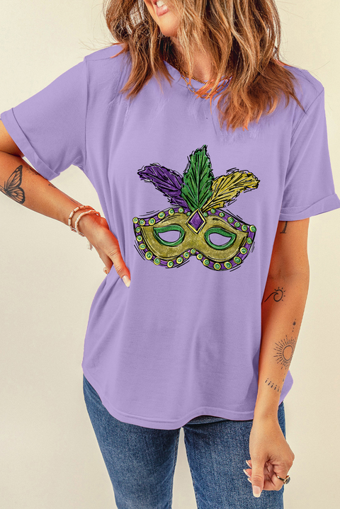 Wisteria Mardi Gras Mask Graphic Crew Neck Festival T Shirt