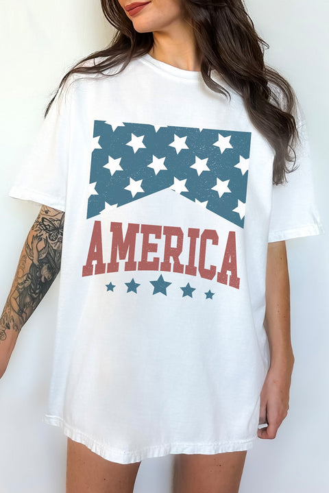 White AMERICA Stars Print Round Neck Oversized T Shirt