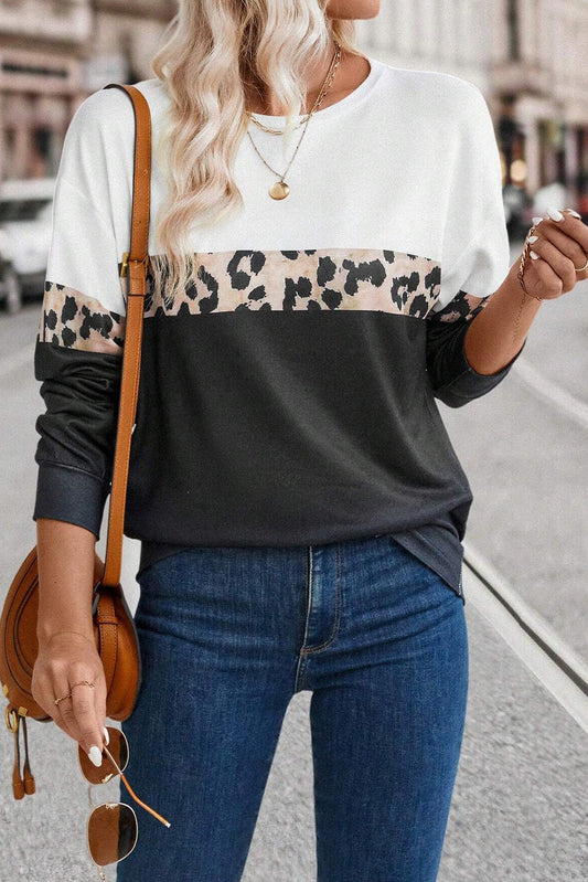 Black Leopard Colorblock Round Neck Long Sleeve Top